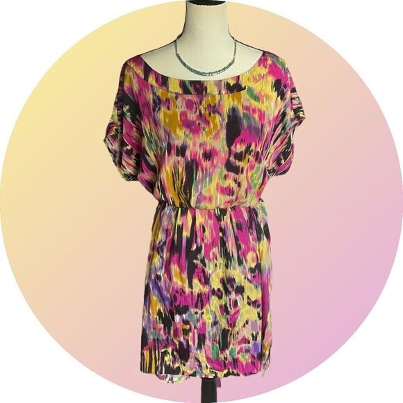 Speed Control Tunic Short Mini Dress Women 3X Plus Yellow Pink Watercolor Print - Picture 1 of 9